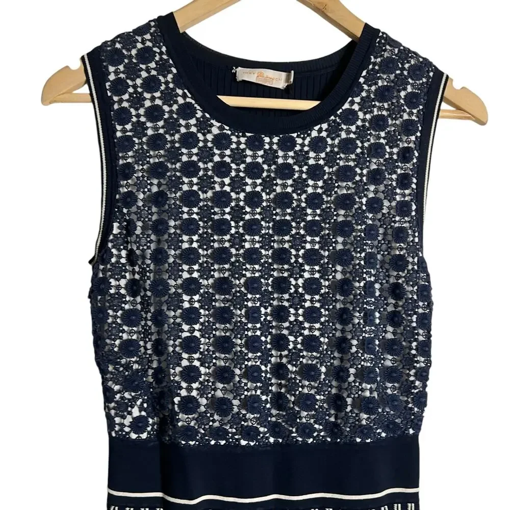 Tory Burch Navy Blue Sleeveless Pleated Knit Crewneck Midi Sweater Dress Size XS